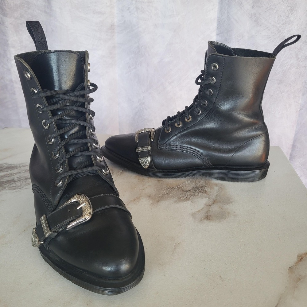 Dr Martens ULIMA Boots Womens Size 9 Black Leather Lace Up Biker Buckle Ankle
